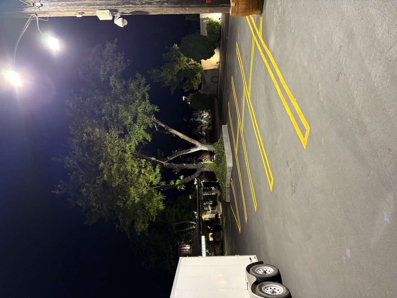 Yellow parking stalls in a lit commercial lot at night
